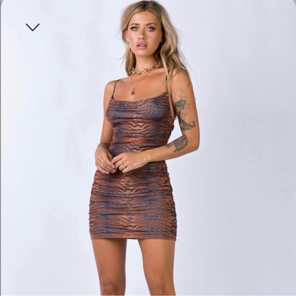 Princess Polly Harlan Mini Dress Brown Tiger Stripes Print Sz US 2